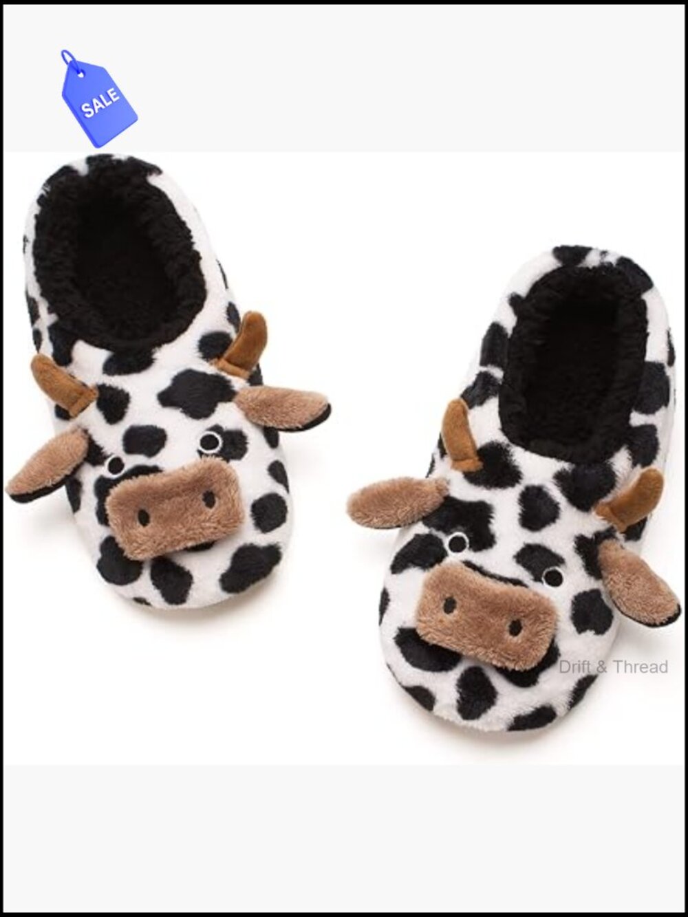 Fuzzy Cow Slipper Socks for Women Size 7-8 Non Slip Indoor Cozy Plush